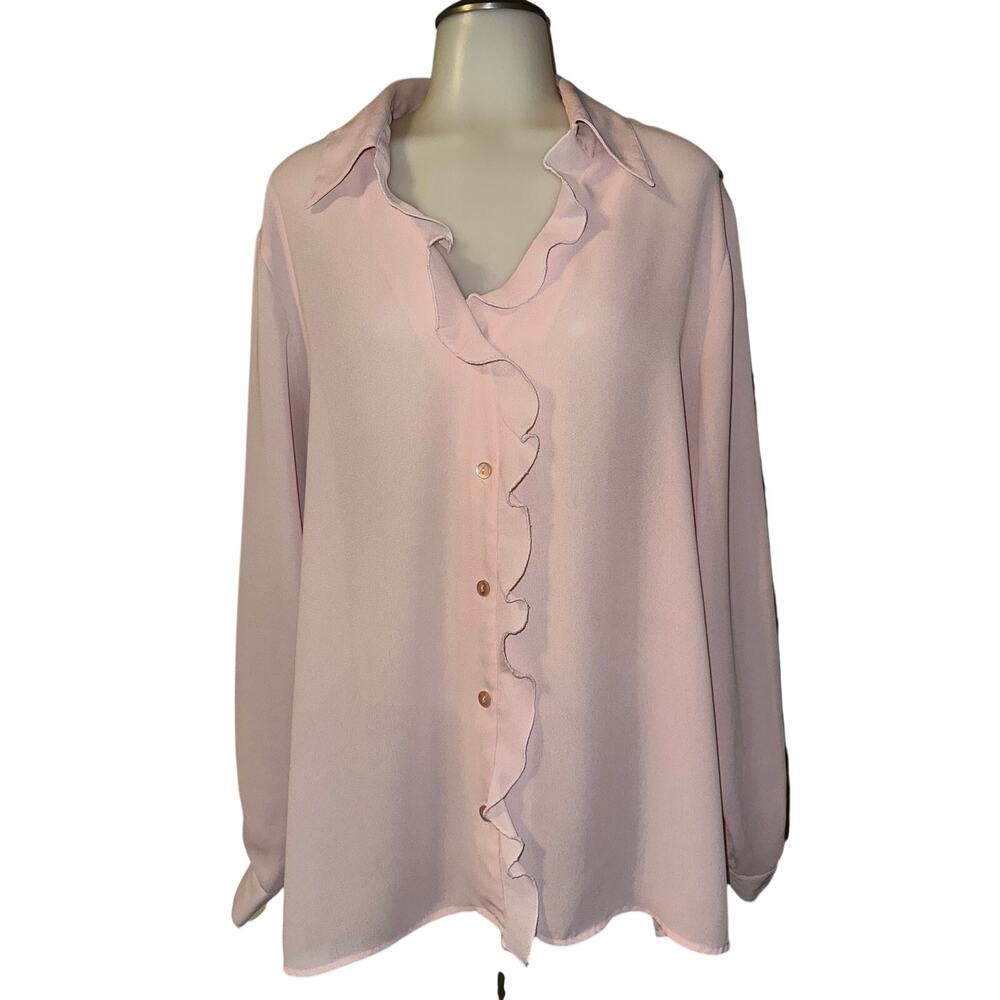 ERENA Women Pink Button Down Long Sleeve Ruffle Top Blouse Size 1X